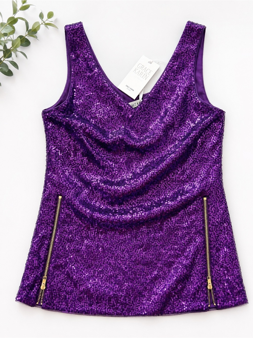 Grace Karin Purple Sequin V-Neck Tank with Gold Zipper Accents